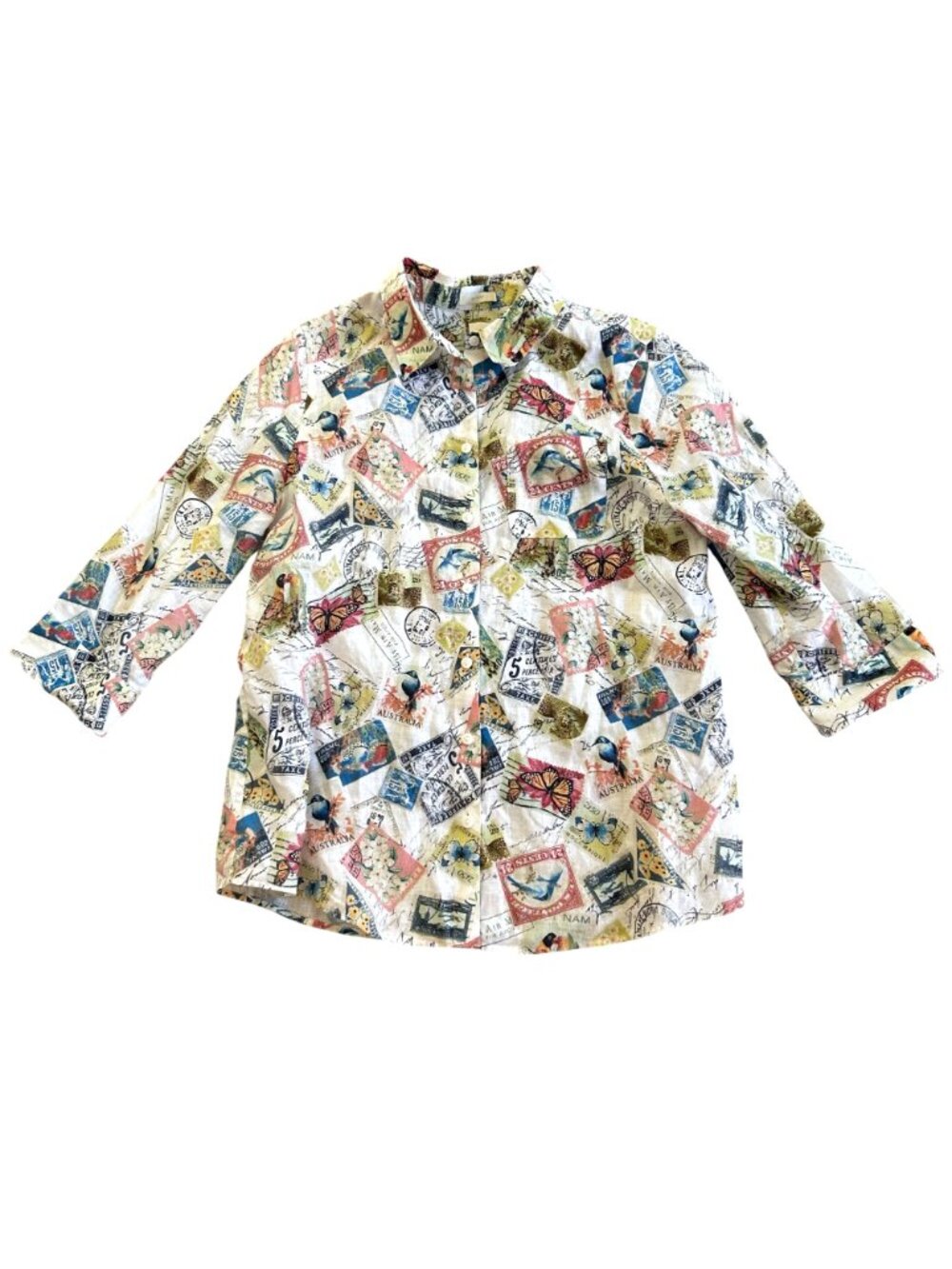 Chicos Women's Sz M Shirt Stamps & Butterfly Print 3/4 Sleeves Multicolor